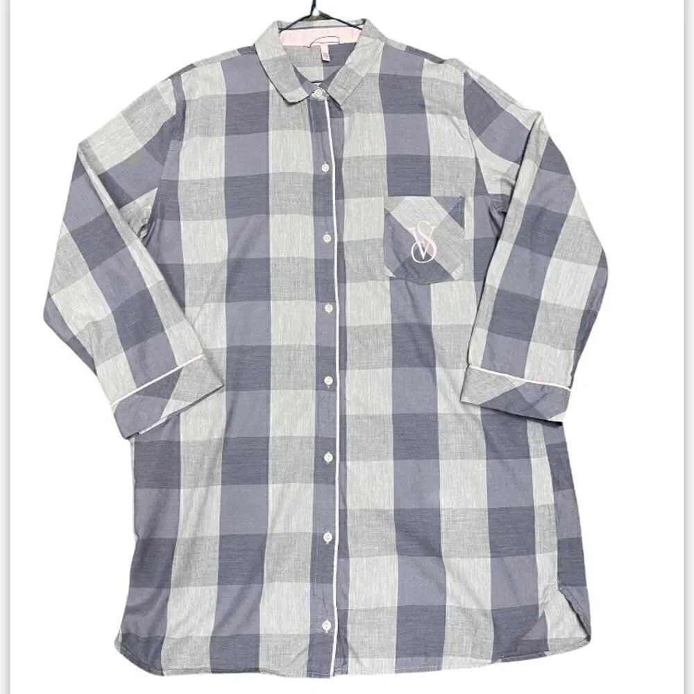 Victoria’s Secret Gray Plaid long Sleeve Button Front Night Shirt Pajamas